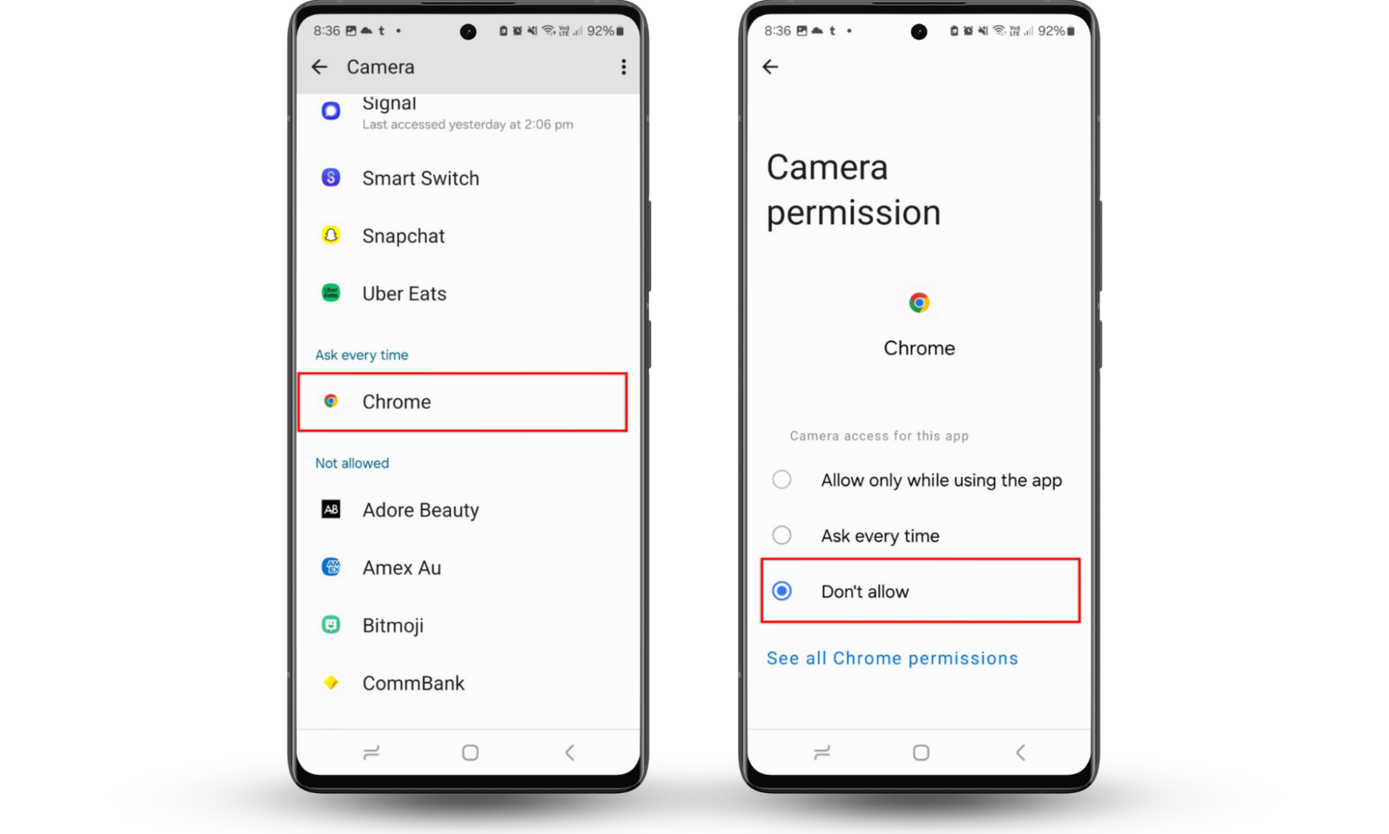To stop someone from spying on your phone, change your permissions. Press the app you want to revoke permissions from and choose Don't allow (or Ask every time). To stop someone from spying on your phone, change your permissions. Press the app you want to revoke permissions from and choose Don't allow (or Ask every time).