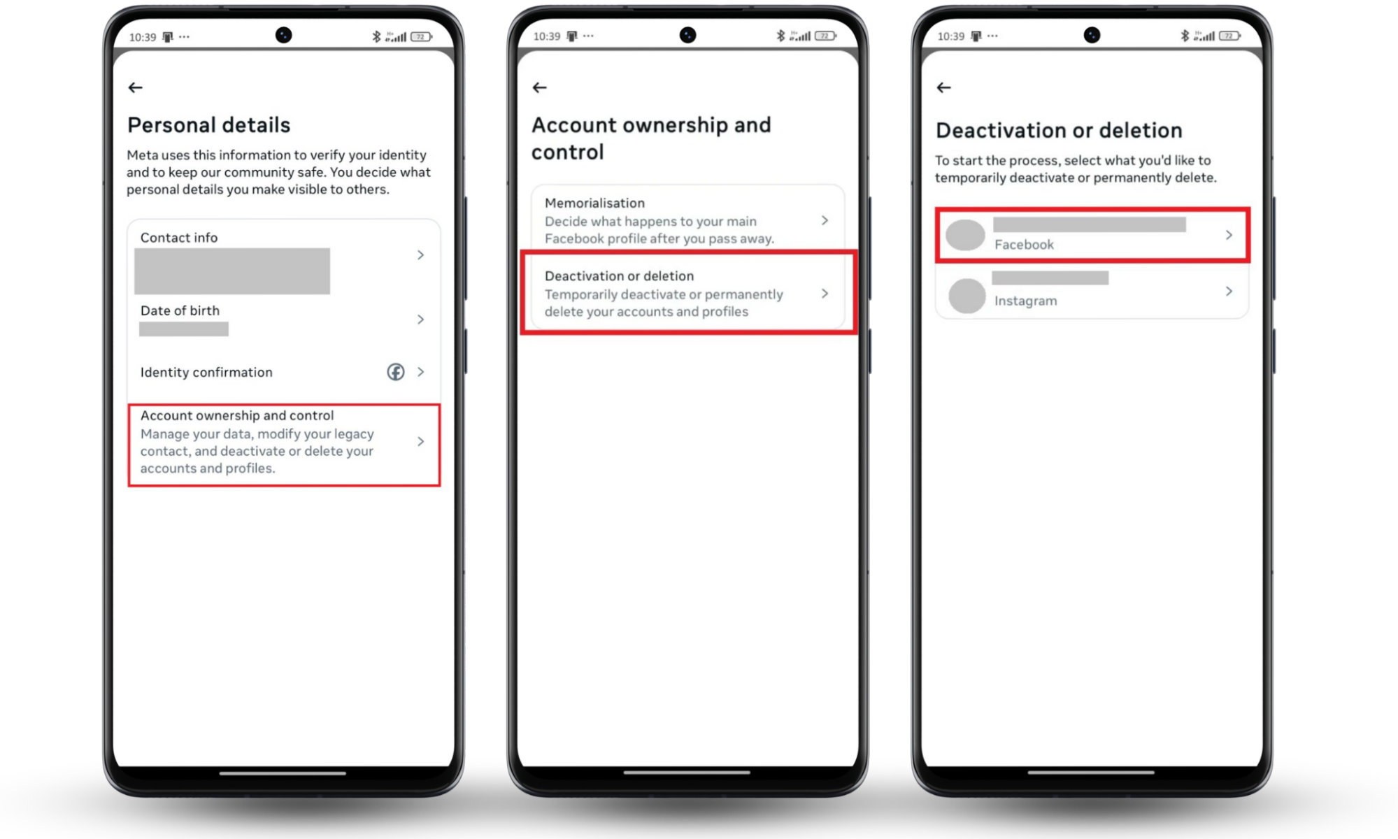 Android screens showing how to continue the process to deactivate Facebook account through your Account ownership and control panel. Android screens showing how to continue the process to deactivate Facebook account through your Account ownership and control panel.