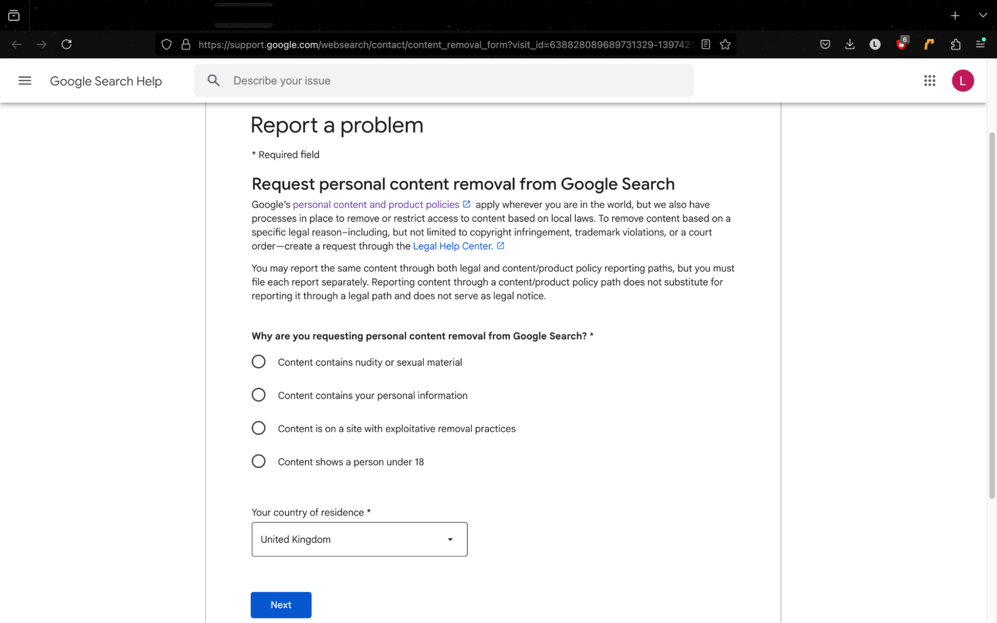 Google's Report a Problem form, where users can request to remove personal information from Google Search results. Google's Report a Problem form, where users can request to remove personal information from Google Search results.