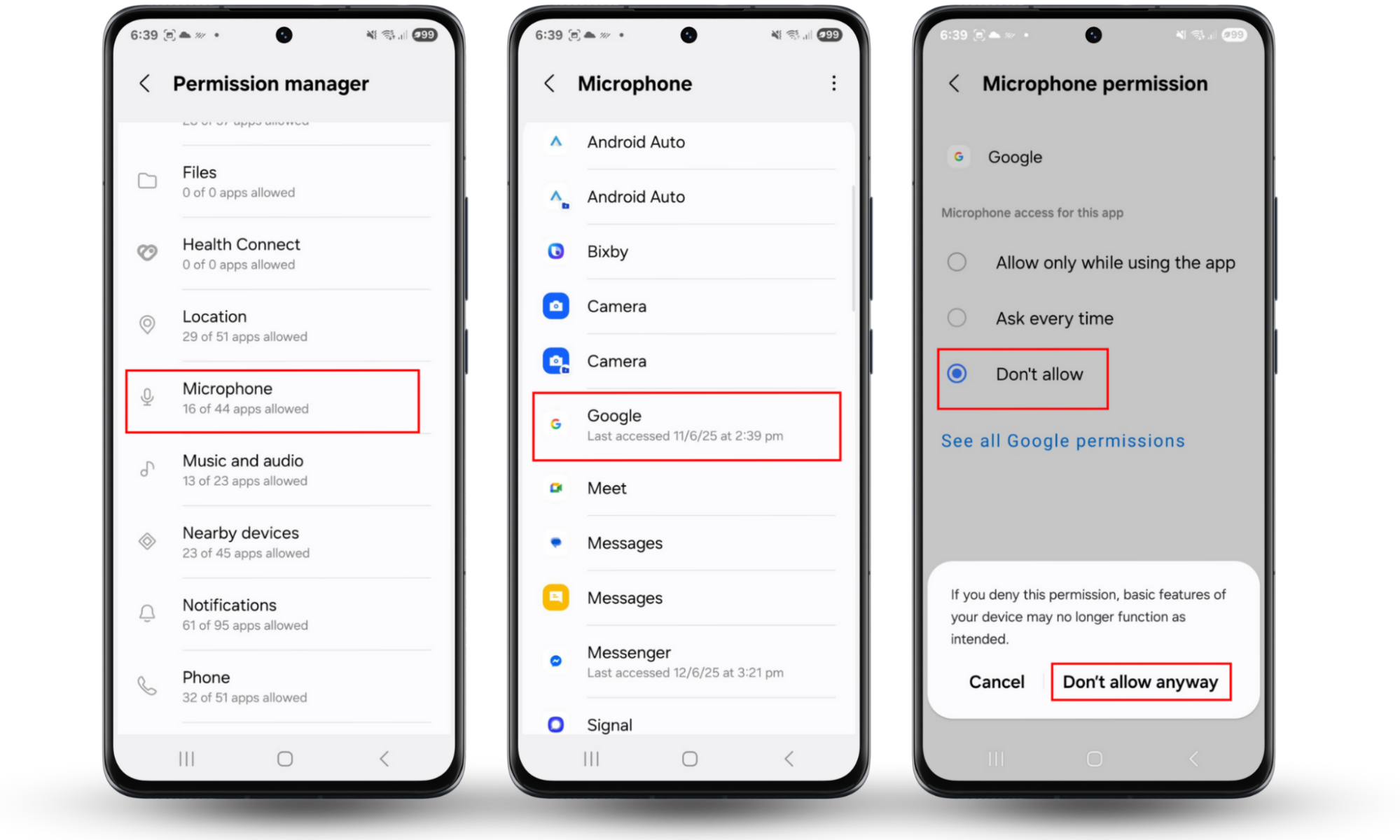 If your phone is listening to you, deny Google's microphone permissions. In Permission manager, find Microphone > Google and press Don't allow. If your phone is listening to you, deny Google's microphone permissions. In Permission manager, find Microphone > Google and press Don't allow.