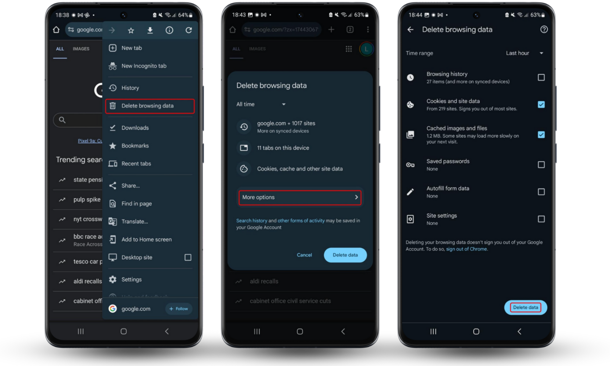 Chrome on an Android phone, showing the steps needed to delete browsing data. If you detect malware on Android, clear your cache and cookies. Chrome on an Android phone, showing the steps needed to delete browsing data. If you detect malware on Android, clear your cache and cookies.