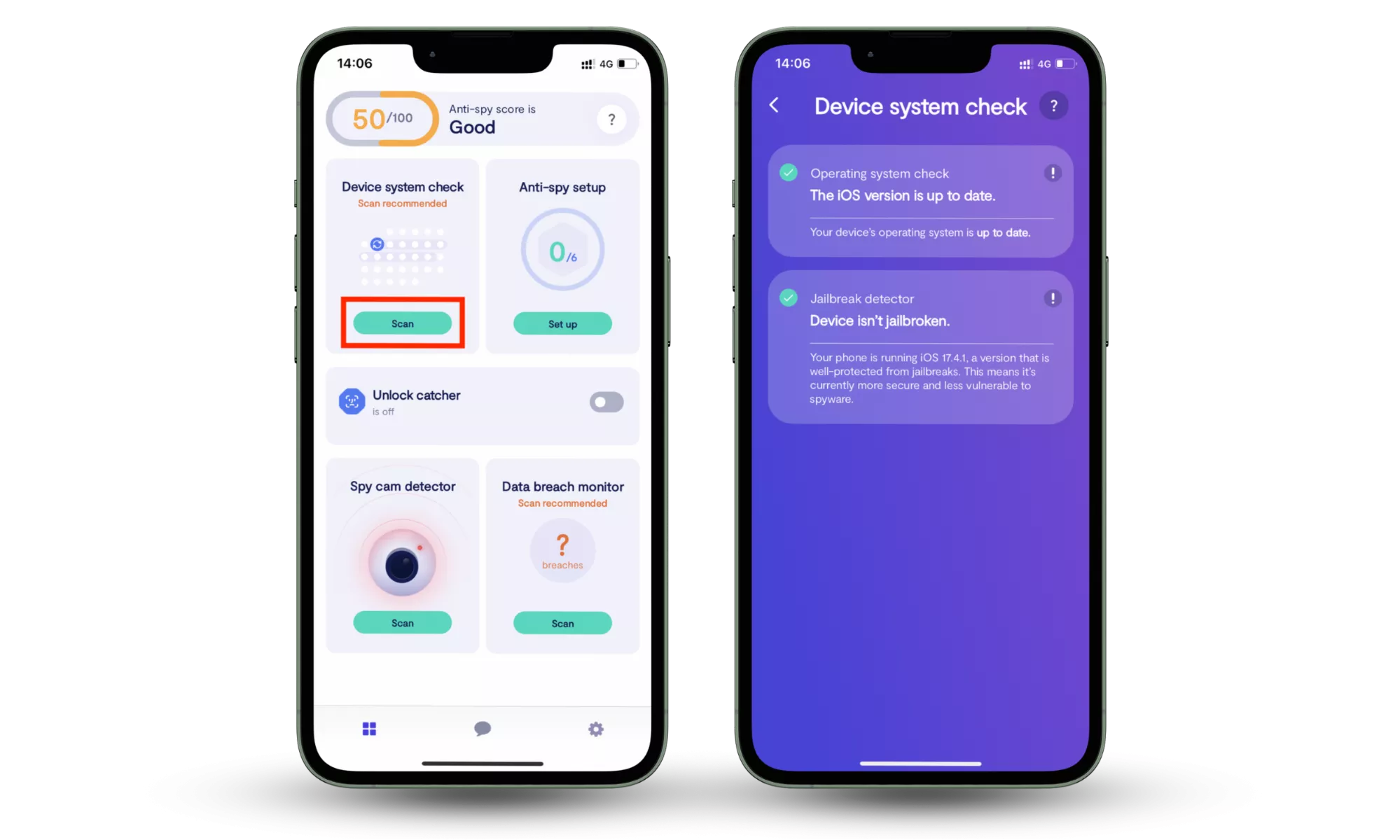 Clario Anti Spy's Device system check showing Android root status and system scan results to find hidden spy apps on Android. Clario Anti Spy's Device system check showing Android root status and system scan results to find hidden spy apps on Android.