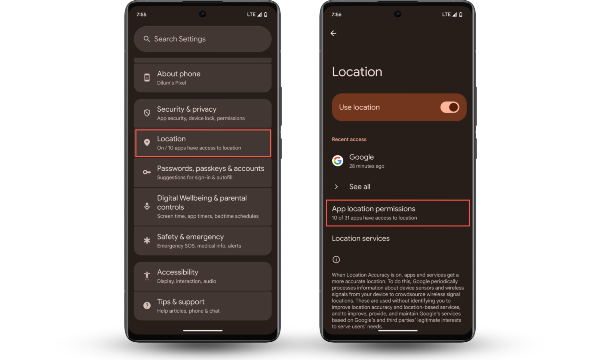 These Android screenshots show how to access the Location preferences via the Settings app so that you can change your location on Android. These Android screenshots show how to access the Location preferences via the Settings app so that you can change your location on Android.