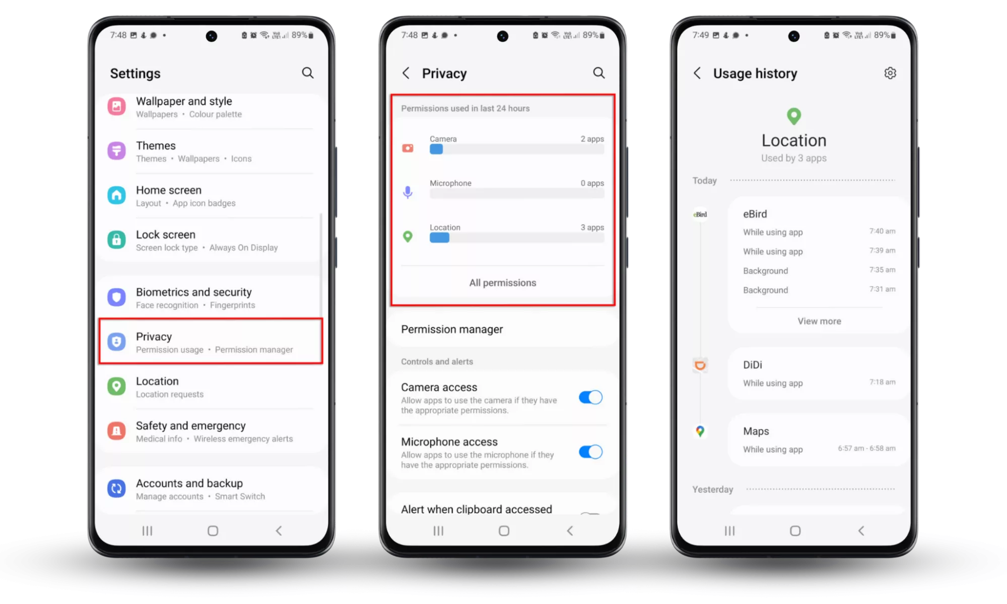 Screenshots of an Android phone showing how to access the Permissions used in the last 24 hours, helping see whether you have hidden spy apps. Screenshots of an Android phone showing how to access the Permissions used in the last 24 hours, helping see whether you have hidden spy apps.