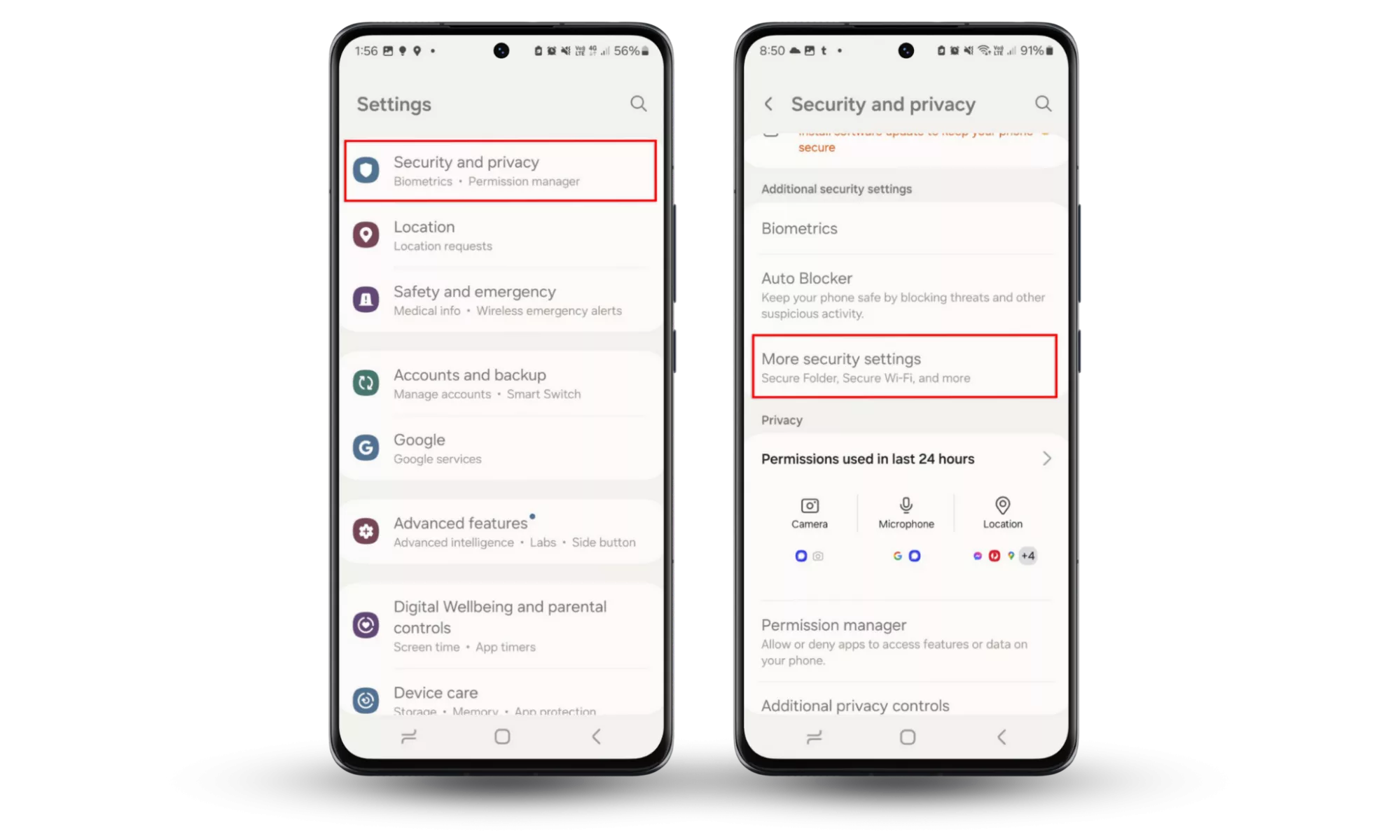 If you know if someone is tracking your phone, block them by preventing apps from downloading new apps. Open Settings > Security and Privacy > More security settings.