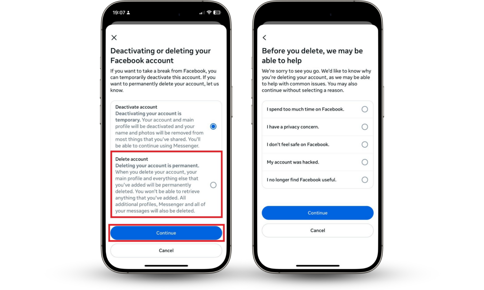 Facebook Android app screens showing how to deactivate Facebook account by selecting Delete account, and proceeding to final confirmation Facebook Android app screens showing how to deactivate Facebook account by selecting Delete account, and proceeding to final confirmation