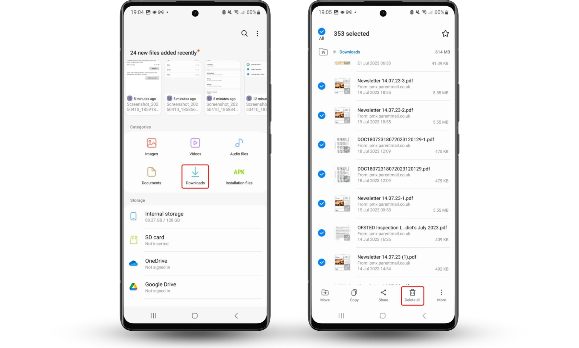 The Files app on Android, showing how to delete all downloaded files. When you scan Android for malware, you may find infected files in your downloads. The Files app on Android, showing how to delete all downloaded files. When you scan Android for malware, you may find infected files in your downloads.