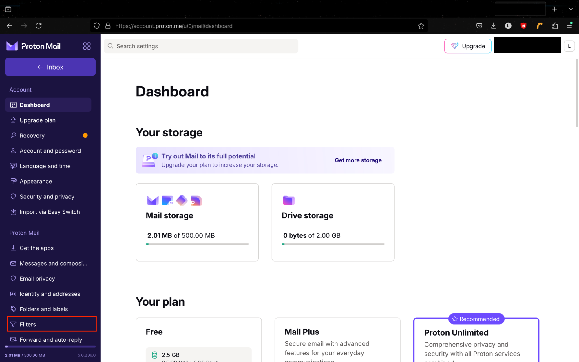 ProtonMail's Settings page, with Filters highlighted in the sidebar. You can block spam emails with custom filters in ProtonMail. ProtonMail's Settings page, with Filters highlighted in the sidebar. You can block spam emails with custom filters in ProtonMail.
